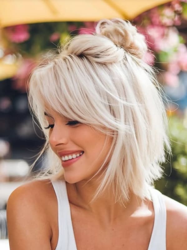 Layered Bob with Half Bun and Wispy Fringe 