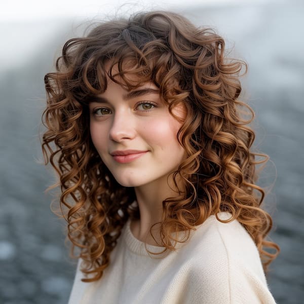 Layered Curly Haircut with Bangs
