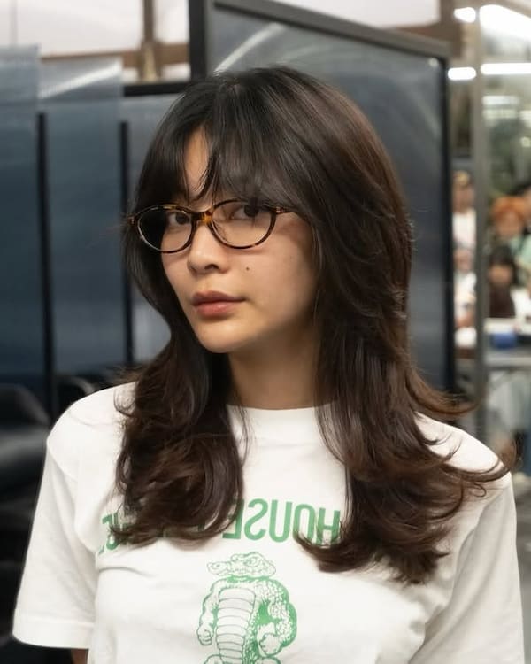 Long Layered Hair with Wispy Bangs with Women with Glasses
