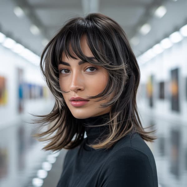 Mid-Length Haircut with Face Framing Layers and Choppy Bangs