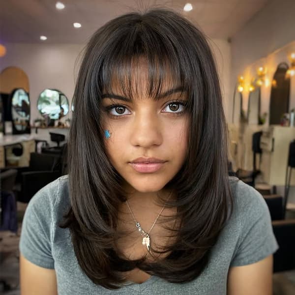 Mid-Length with Face Framing Layers and Wispy Bangs 