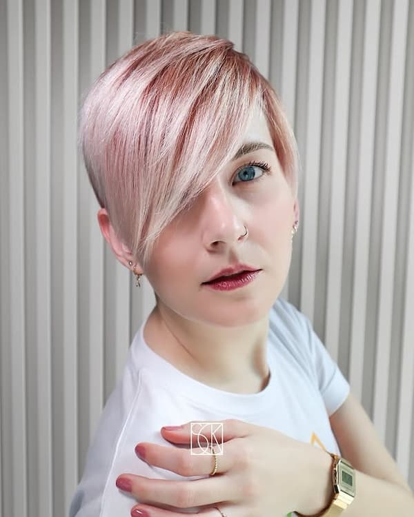 Pink Edgy Pixie with Long Side Bangs 