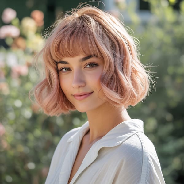 Pinkish Layered Bob with Blunt Fringe