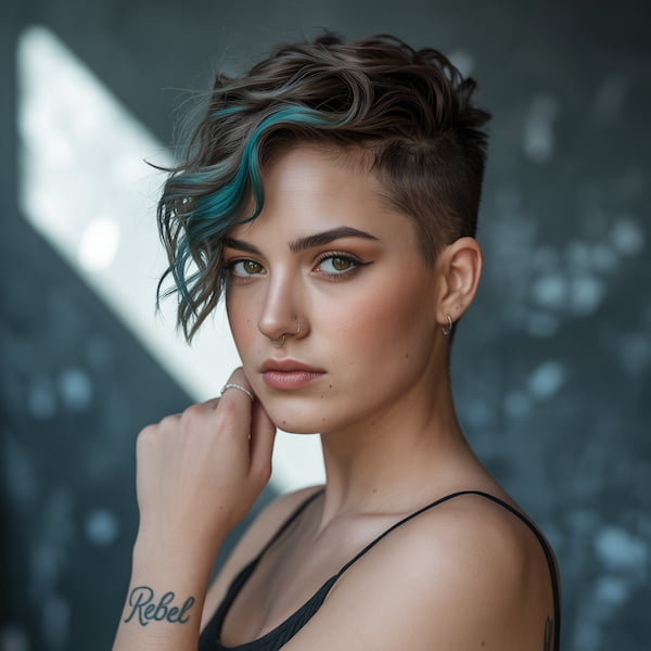 Pixie with Shaved Half and Side Curly Bangs 