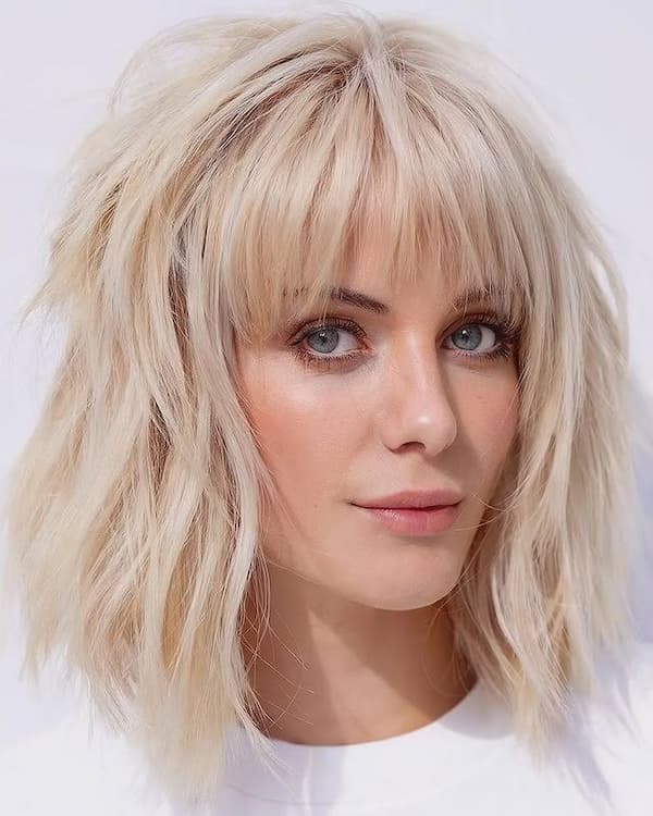 Pure Blonde Textured Lob with Soft Bangs