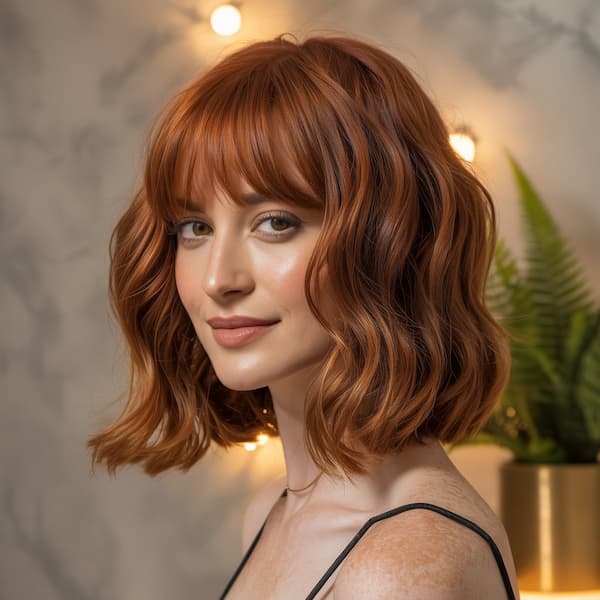 Red Carpet Inspired Wavy Bob with Blunt Bangs 