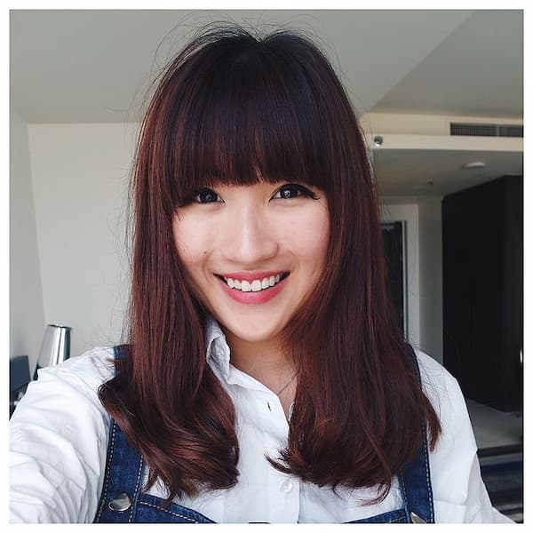 Reddish Brown Straight Mid-Length Haircut with Blunt Bangs 