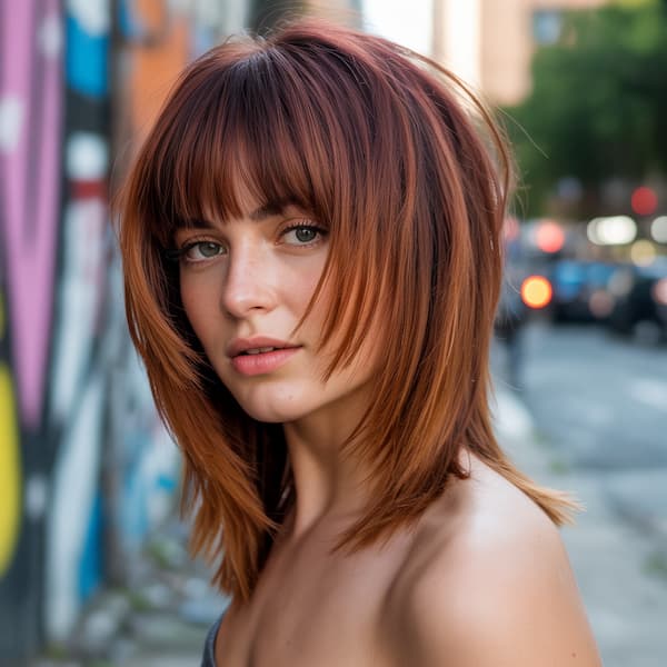 Textured Lob with Face framing Layers and Full Bangs 