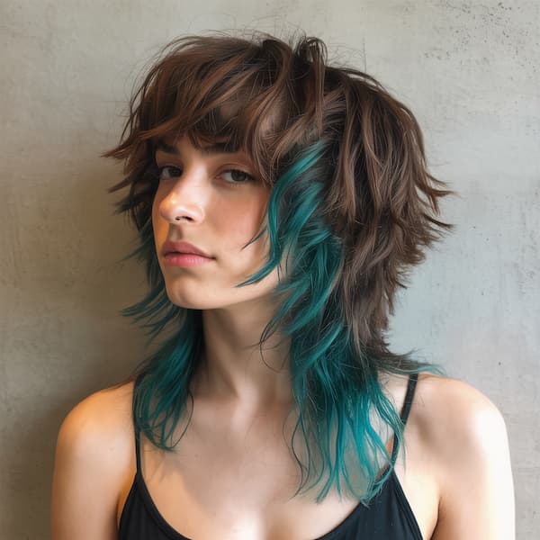 Black and Green Shaggy Mullet with Full Bangs 