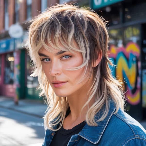 Blonde Choppy Shaggy Mullet with Darker Roots 