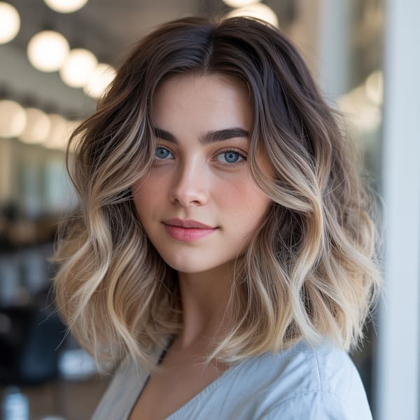 Blonde Wavy Haircut with Darker Roots 