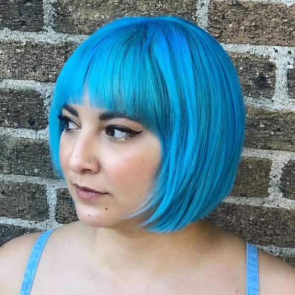 Blue Layered Bob with Blunt Bangs