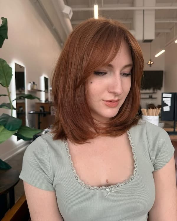 Brunette Long Layered Bob with Swoopy Bangs 