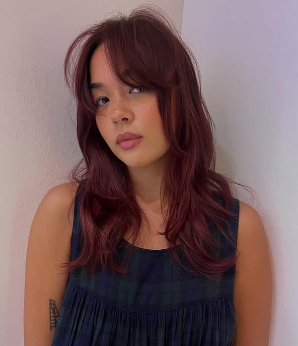 Cherry Red Shaggy Haircut with Curtain Bangs 