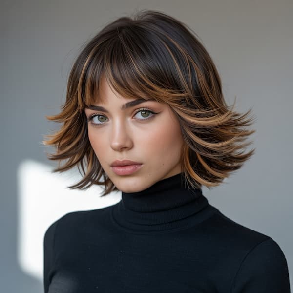 Feathered Layered Bob with Choppy Bangs 
