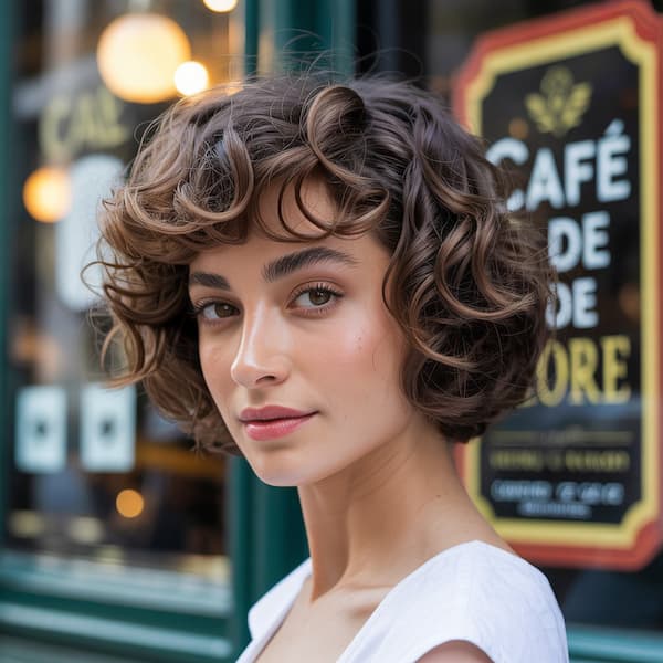 Curly French Bob with Bangs