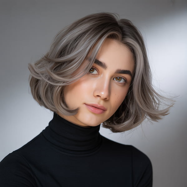 Gray Bob with Feathered Long Bangs 