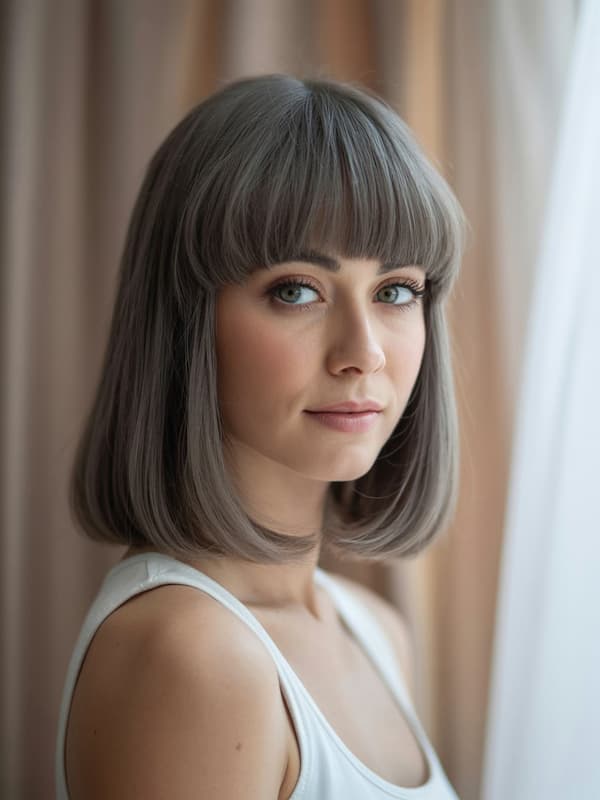 Gray Long Bob with Full Fringe 