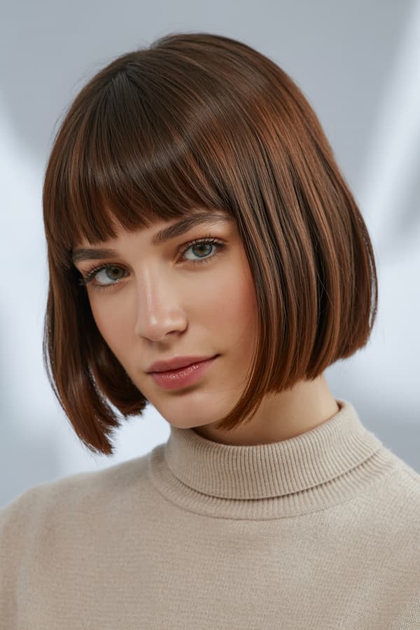 Sleek Brown Bob with Blunt Bangs