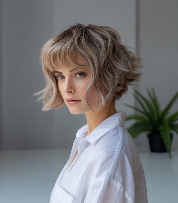 Wavy Inverted Bob with Choppy Bangs