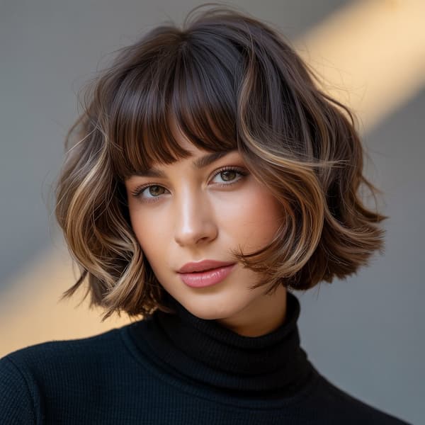 Wavy Layered French Bob with Wispy Bangs 