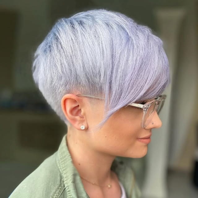 Ash Purple Pixie with Shaved Back and Long Side Bangs 