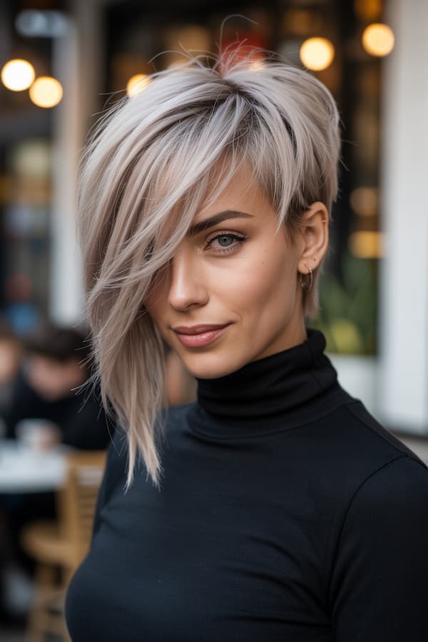 Blonde Asymmetrical Pixie with Very Long Side Bangs 