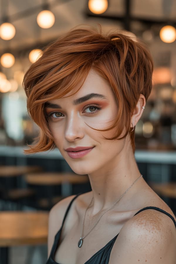 Brunette Pixie with Long Layers and Bangs 