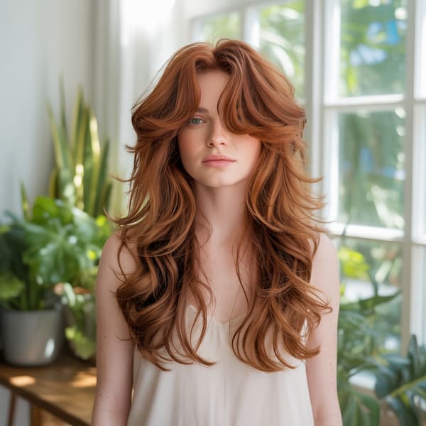 Light Brown Wavy Shaggy Cut with Curtain Bangs&nbsp;