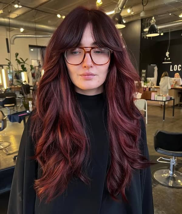Reddish Purple Shaggy Cut with Curtain Bangs