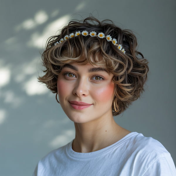 Short Shaggy Haircut with Floral Headband 