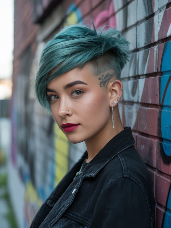 Side-Swept Pixie with Shaved Side Punk Artistic Drawing 