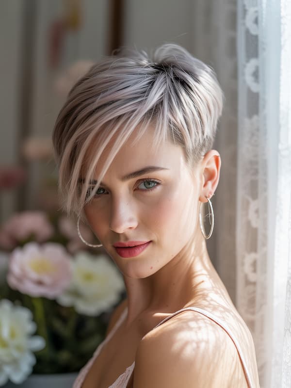 Undercut Angled Pixie with Long Bangs 