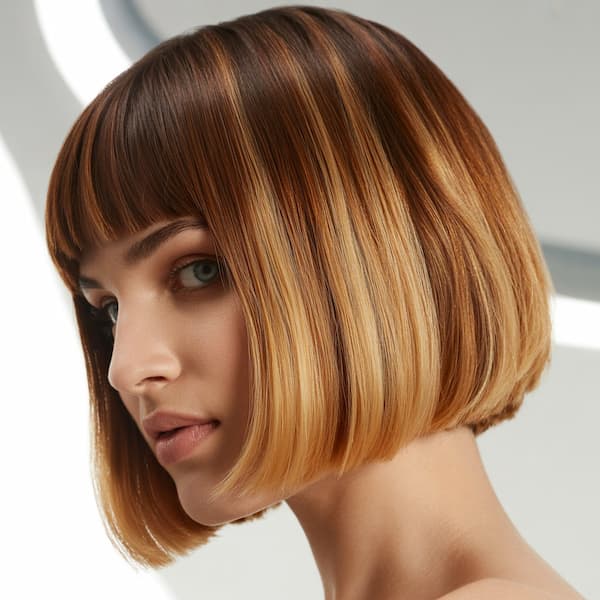 Brown Blunt Bob with Bangs and Highlights