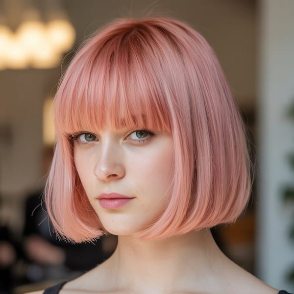Pinkish Blunt Bob with Blunt Bangs