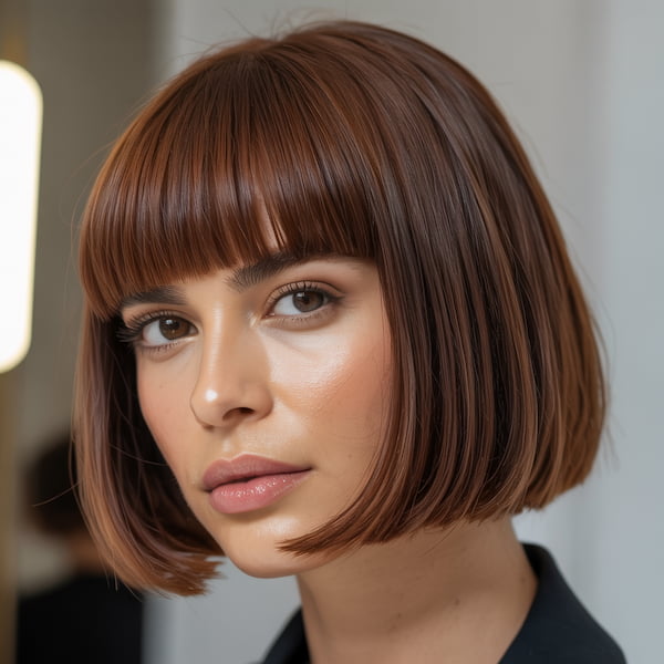Sleek Blunt Bob with Full Bangs for Full Face