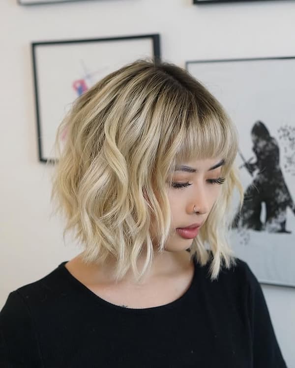Wavy Shaggy Bob with Blunt Bangs&nbsp;
