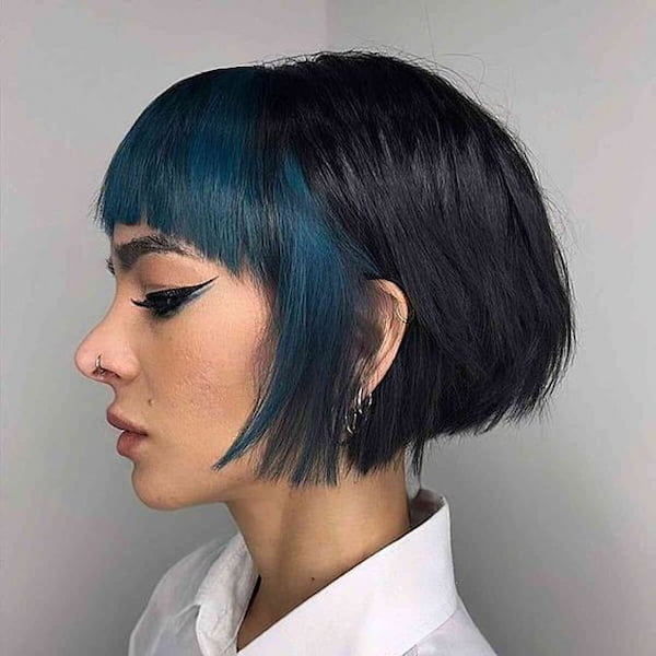 Jet Black and Blue Bob with Blunt Bangs