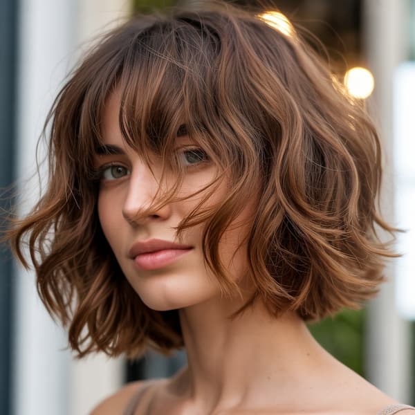 Messy Wavy Shaggy Bob with Bangs