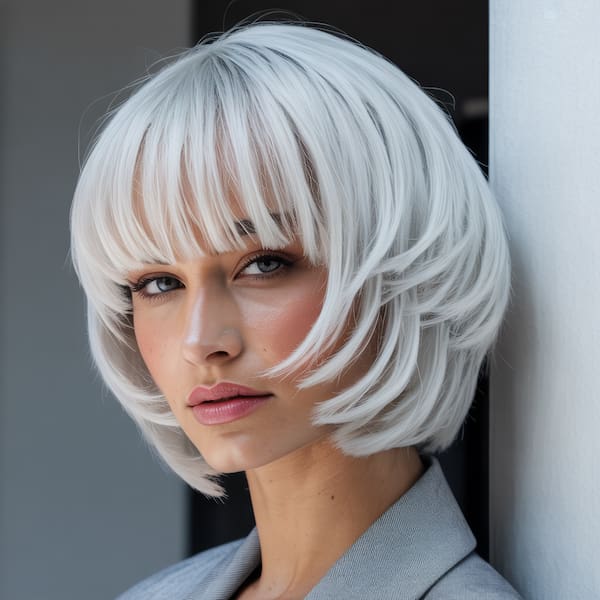 Icy Blonde Two-Tier Bob with Wispy Bangs