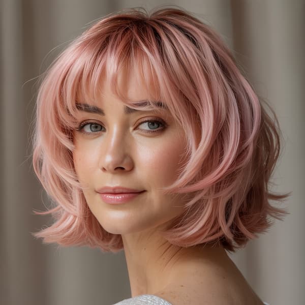 Pinkish Choppy Shaggy Bob with Wispy Bangs&nbsp;