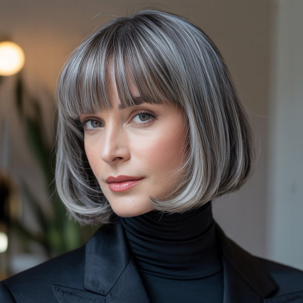 Gray Chin-Length Bob with Wispy Bangs