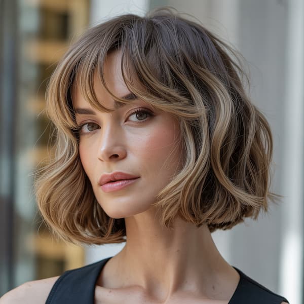 Balayage Shaggy Bob with Wispy Bangs