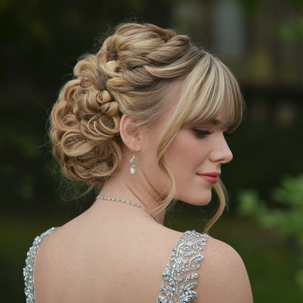Layered Curled Updo with Arched Bangs