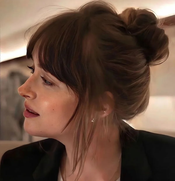 Messy Hair Bun with Curtain Bangs