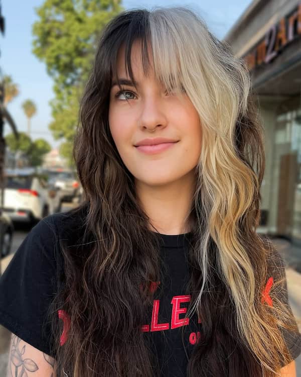 Black and Blonde Wispy Bangs with Long Waves