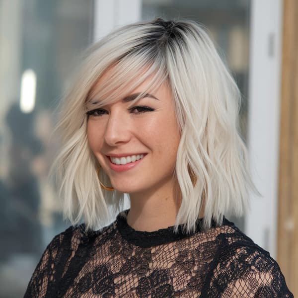 Blonde Lob with Darker Roots and Side-Swept Bangs