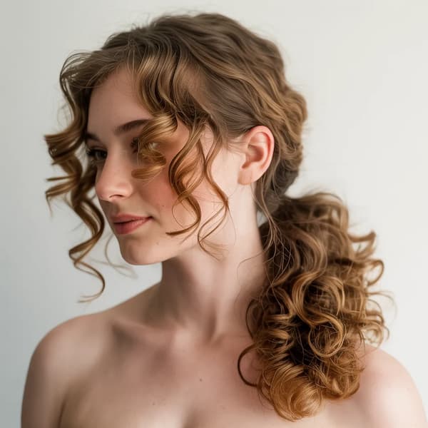 Curly Side Ponytail with Curtain Bangs