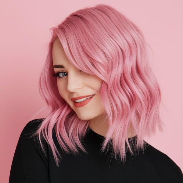 Pinkish Wavy Lob with Side Bangs