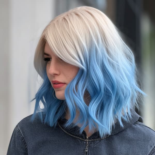 Blonde and Blue Layered Lob with Side Bangs